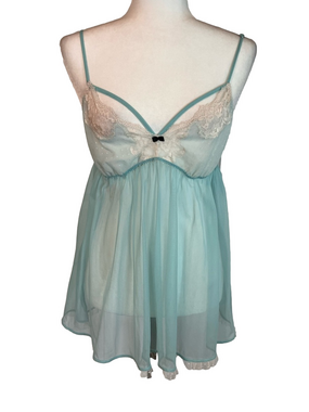 Vintage Victoria’s Secret Y2K Aqua Sheer Lace Babydoll & Panty 2 Piece Set Large